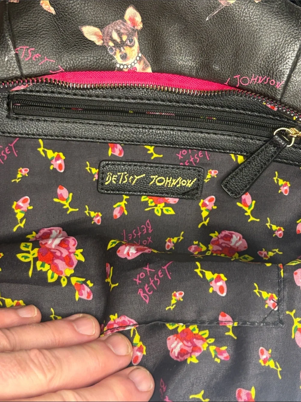 Betsey Johnson Black Chihuahua Print Mini Backpack with Hot Pink Trim